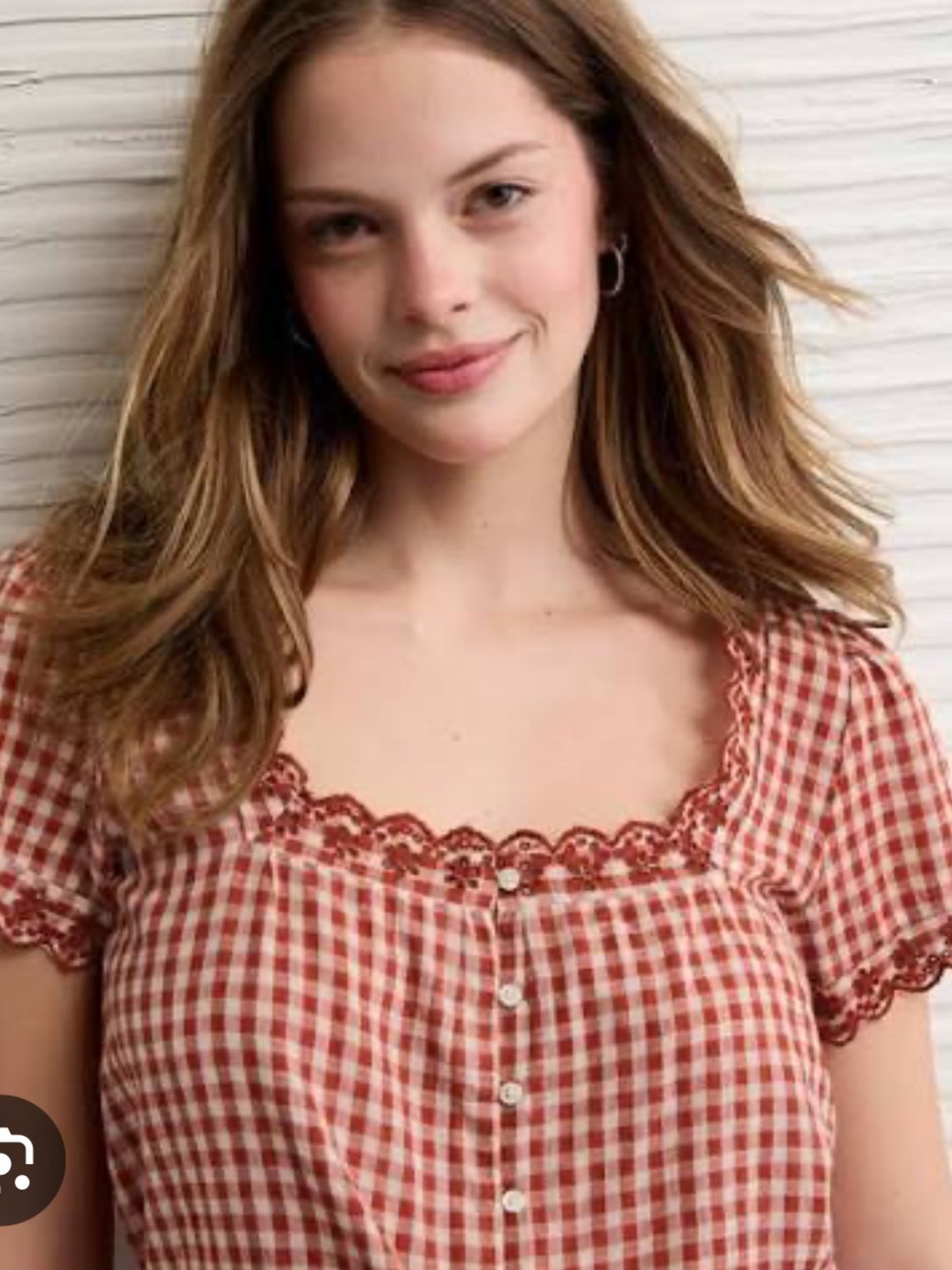 American Eagle Outfitters Red Gingham Short-Sleeve Button-Up Top - Picture 3 of 4